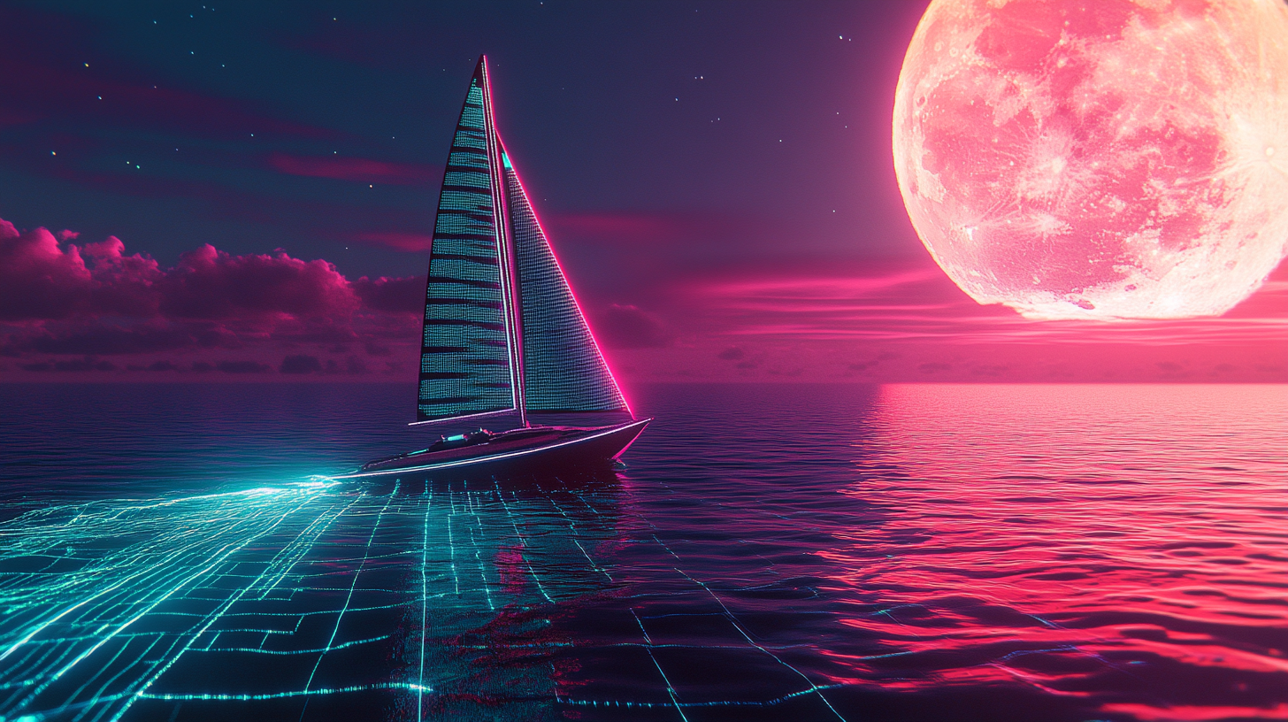 Digital sailboat on tron sea