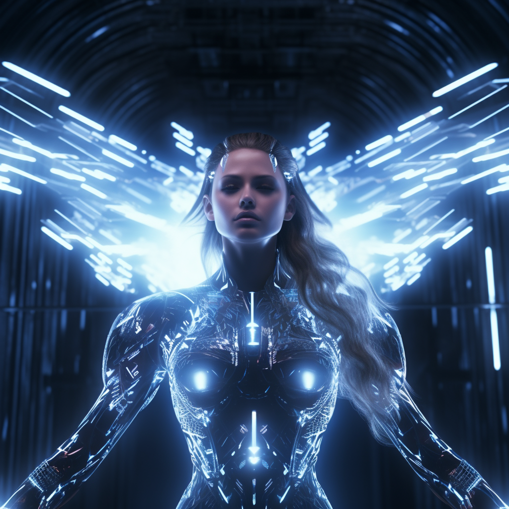 Futuristic Valkyrie emerging from digital cloud