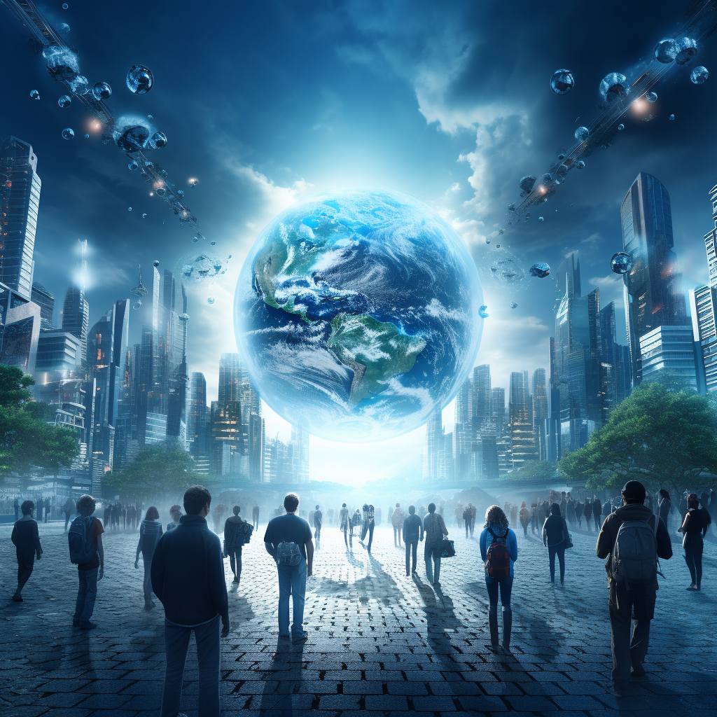 People walking in futuristic digital world