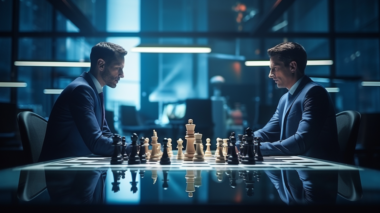 Two businessmen competing in a digital chess game