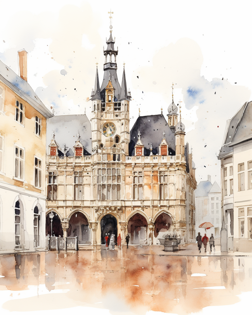 Expressive watercolor sketch of Dijon's main square