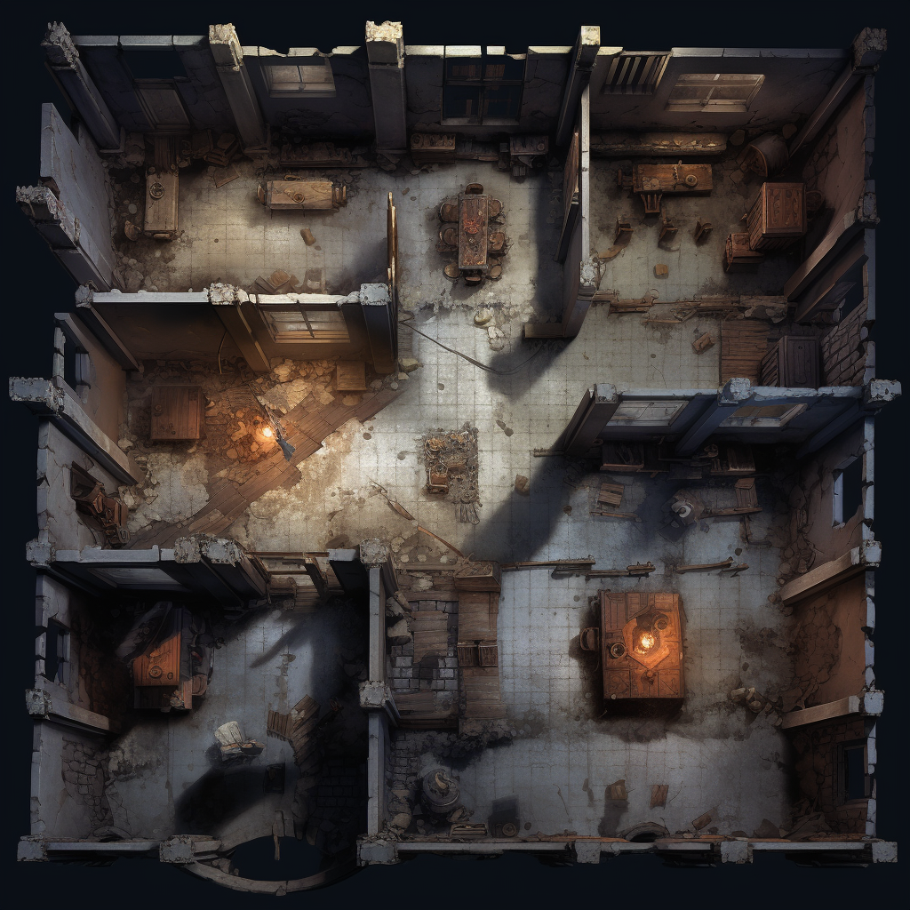 Dilapidated barracks from above, dark and spooky