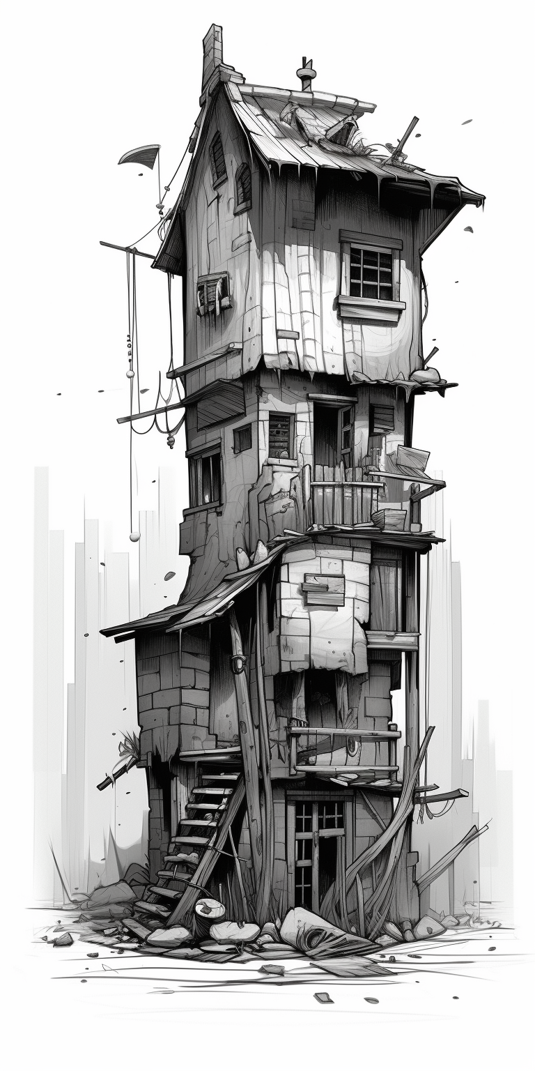 Cartoon Illustration of a Shabby Renovated House