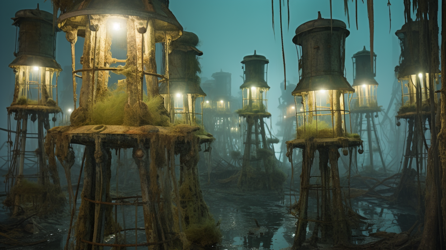 Mystical dilapidated wooden lighthouse surrounded by jellyfish sea