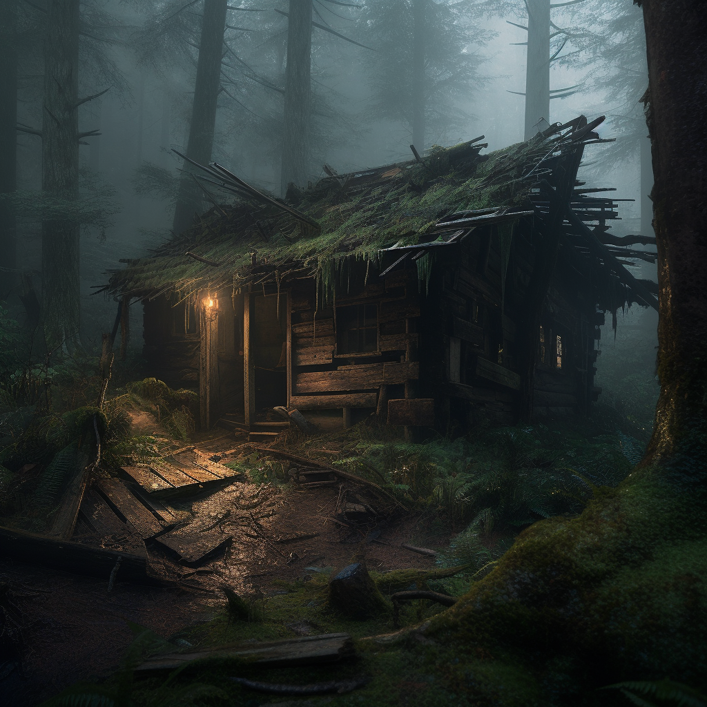 Spooky wooden shack in dark forest