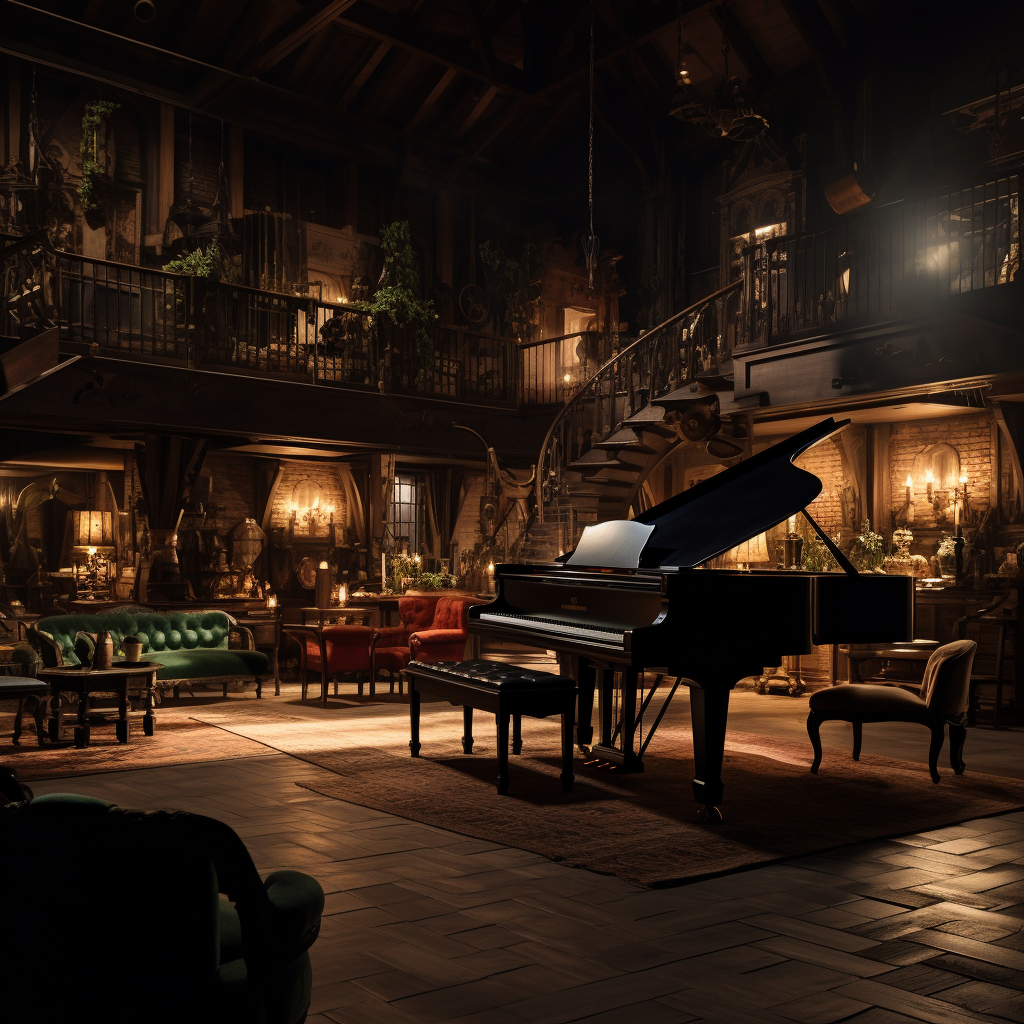 Dimly lit dance hall with piano