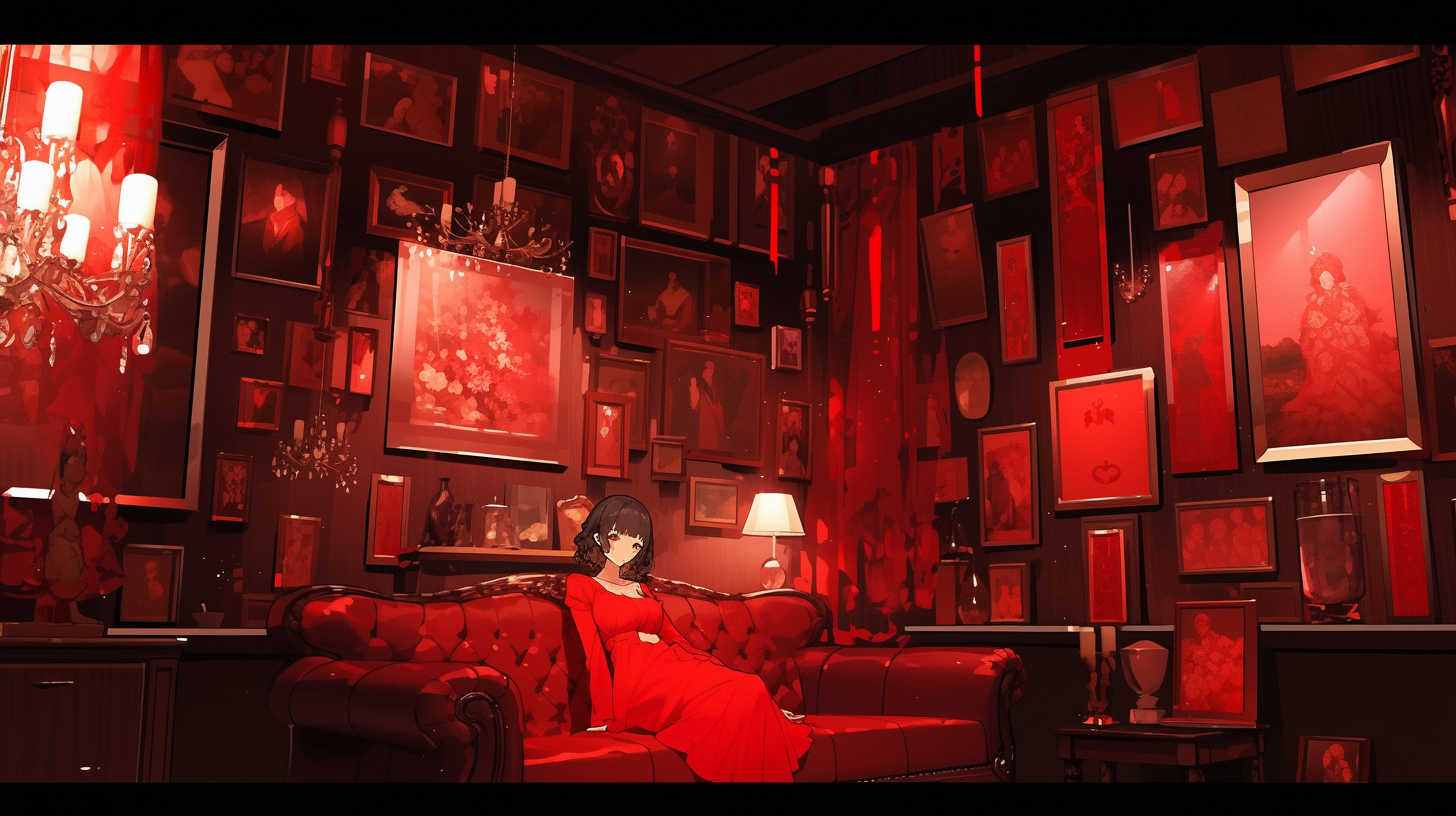 Cozy red sofas in a dimly lit room