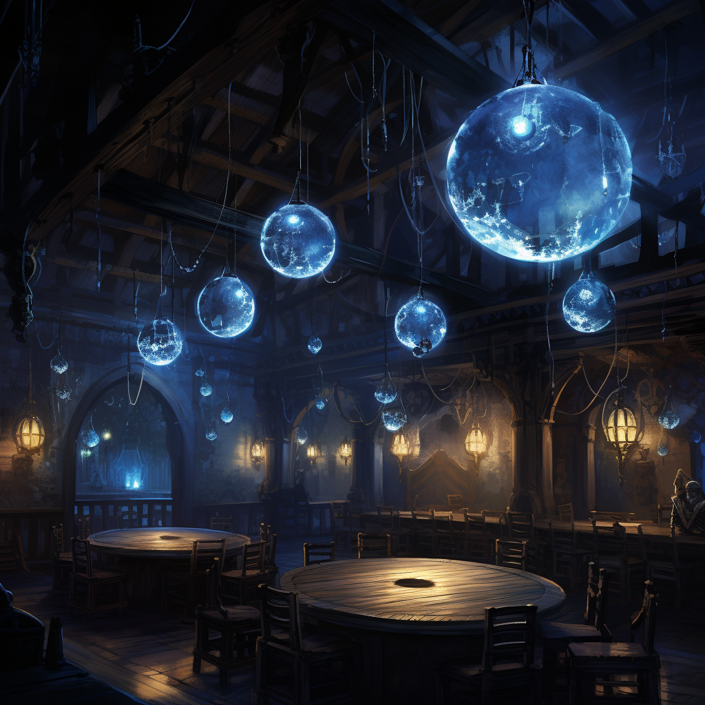 Mysterious blue glowing sphere in dimly lit tavern