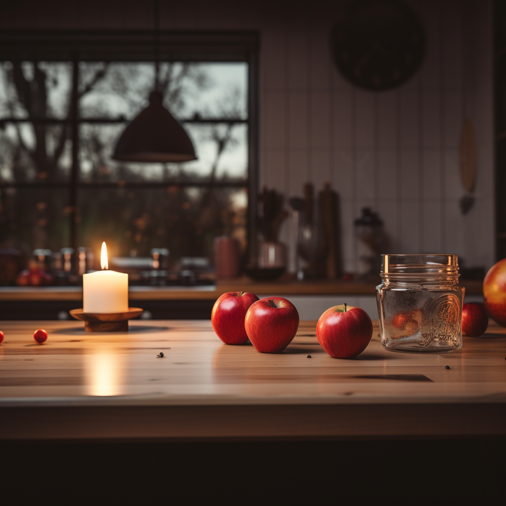 Dimmed wooden kitchen with candle and apple