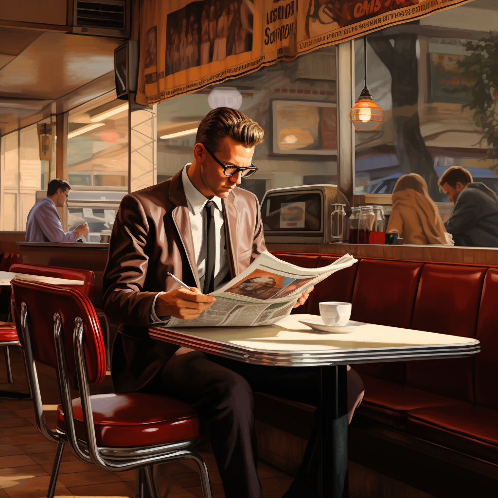 Stylish man enjoying newspaper in diner