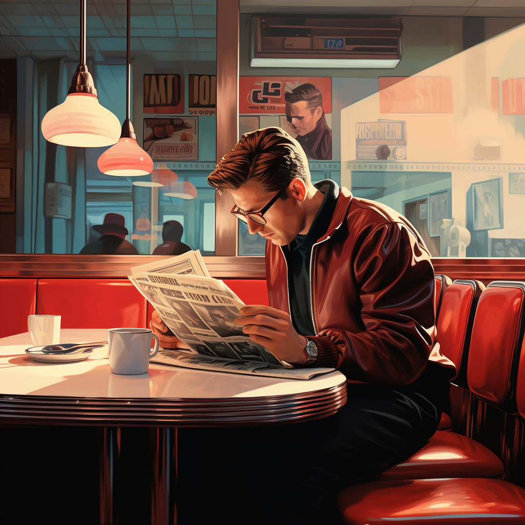 Man reading newspaper in diner