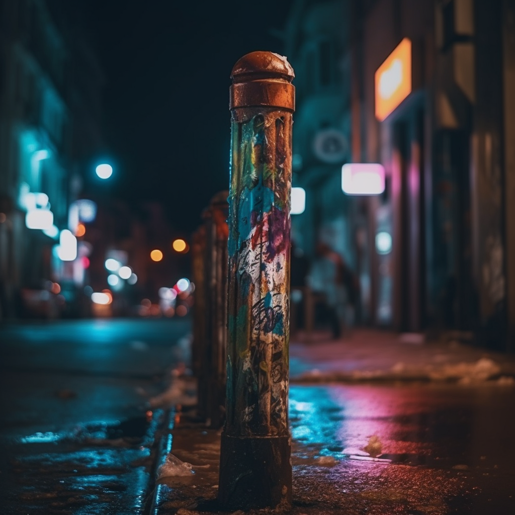 Night city street with bokeh lights on a pole with stickers