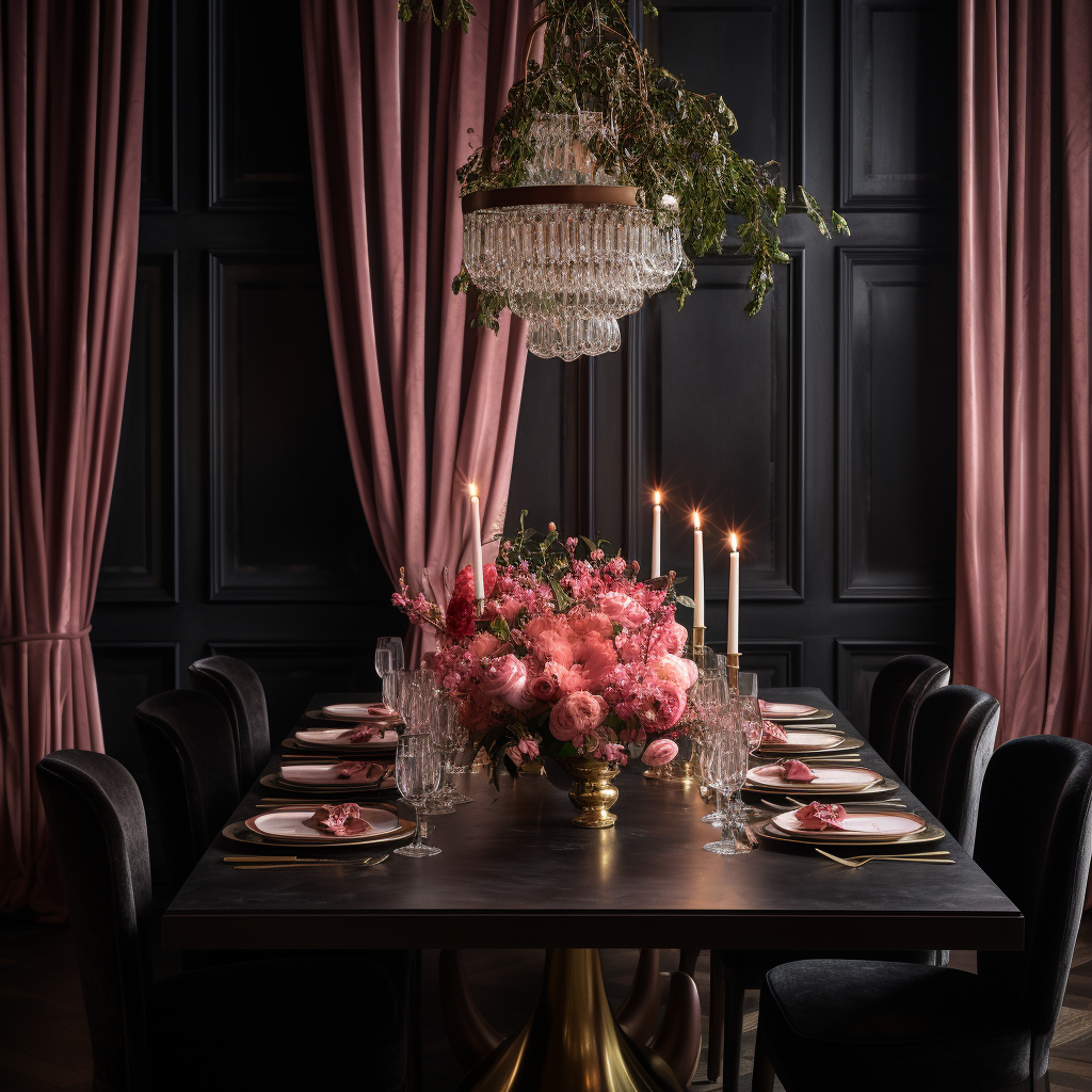 Dining room with marble table and chandelier