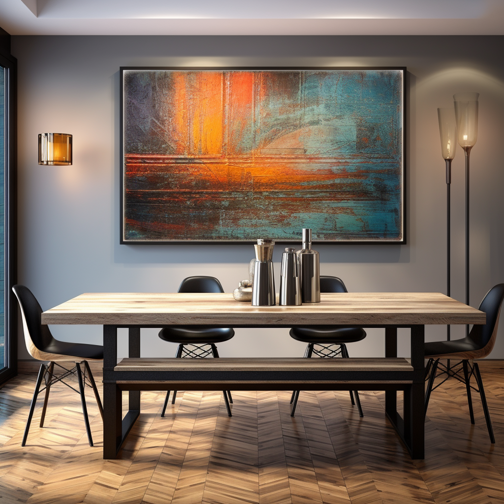 Contemporary dining room table with wall painting