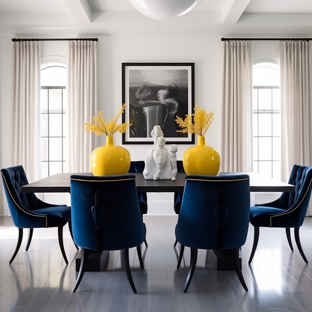 Dining room with navy and citron velvet chairs