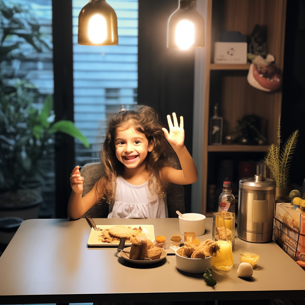 Young girl happily waving legs at dining table