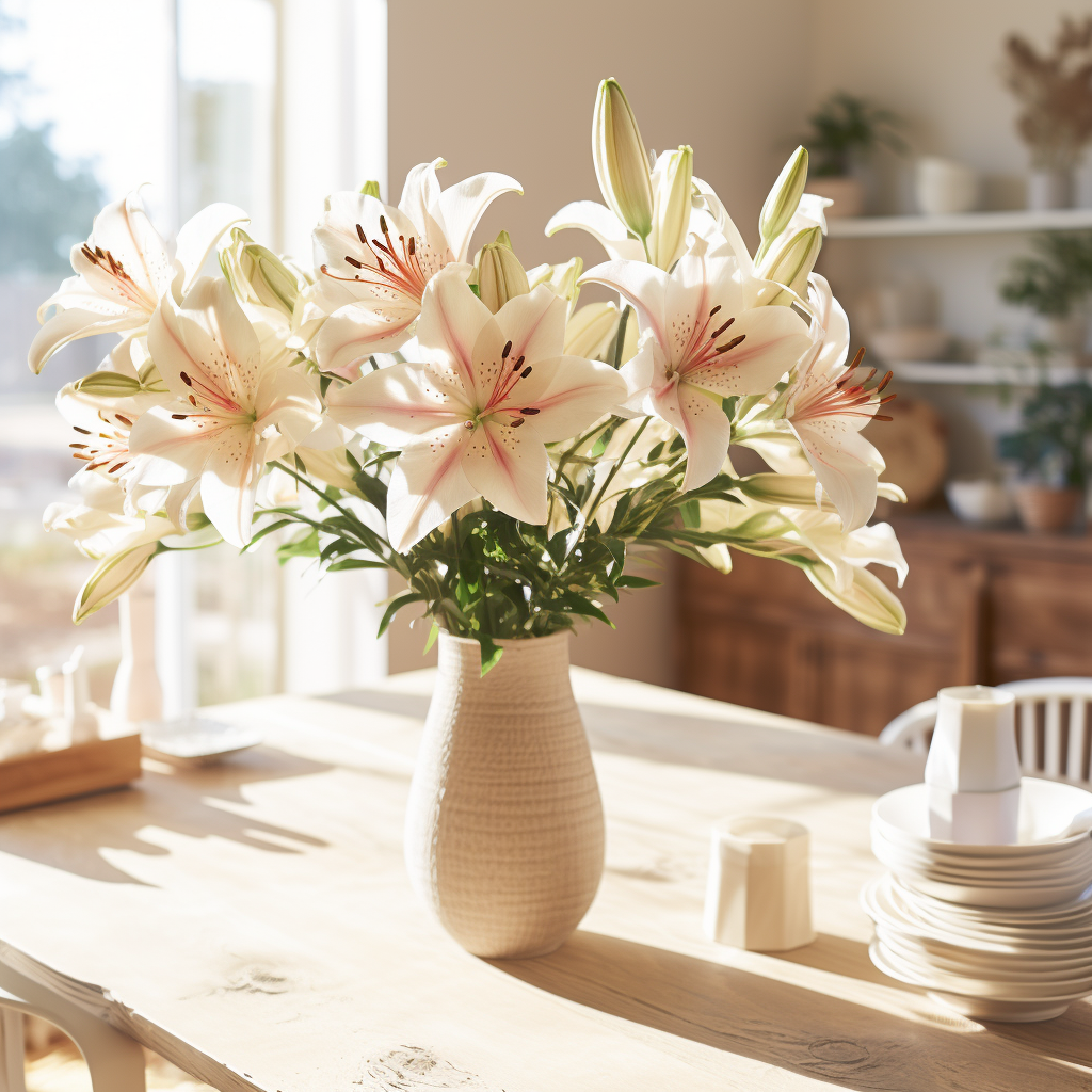 Modern dining table with white lilies