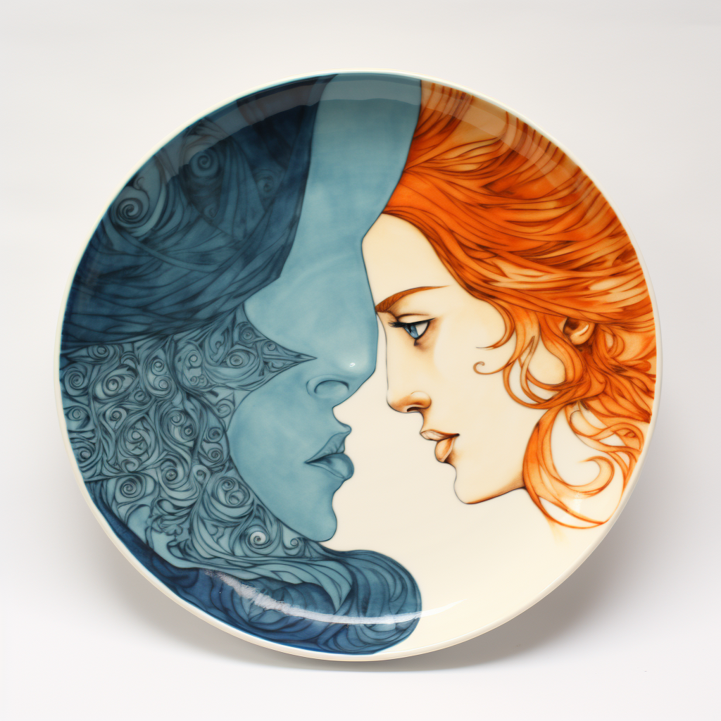 Artistic dinner plate with orange and blue women