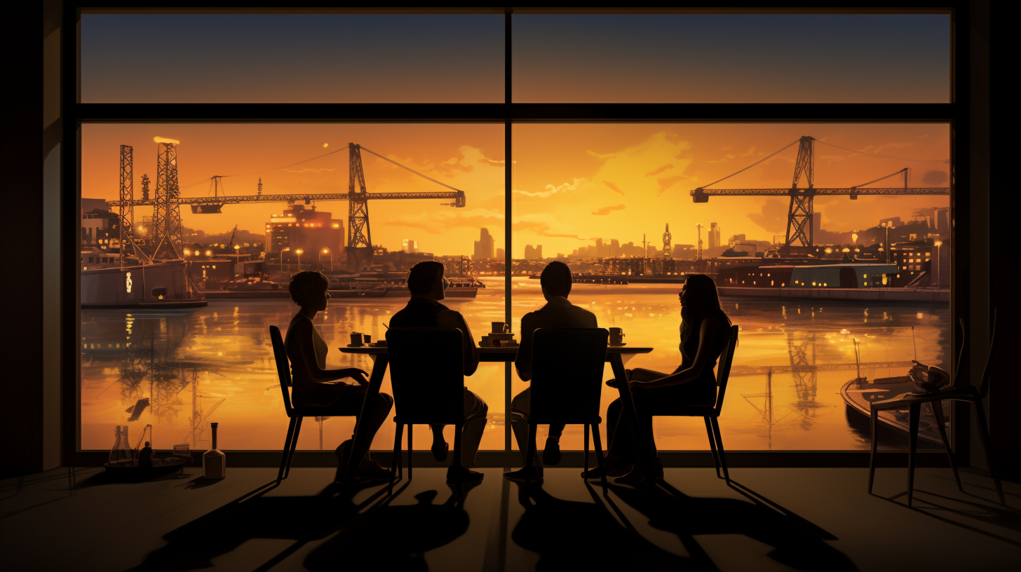 Dinner table with industrial port view