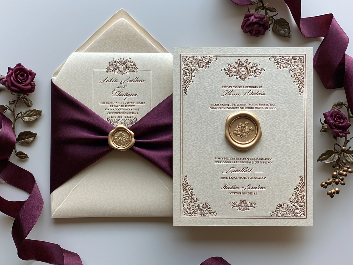 French calligraphy dinner party invitation with gold accents