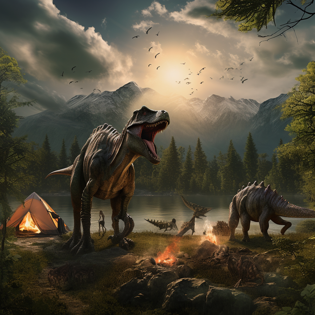 Dinosaur enjoying outdoor camping trip