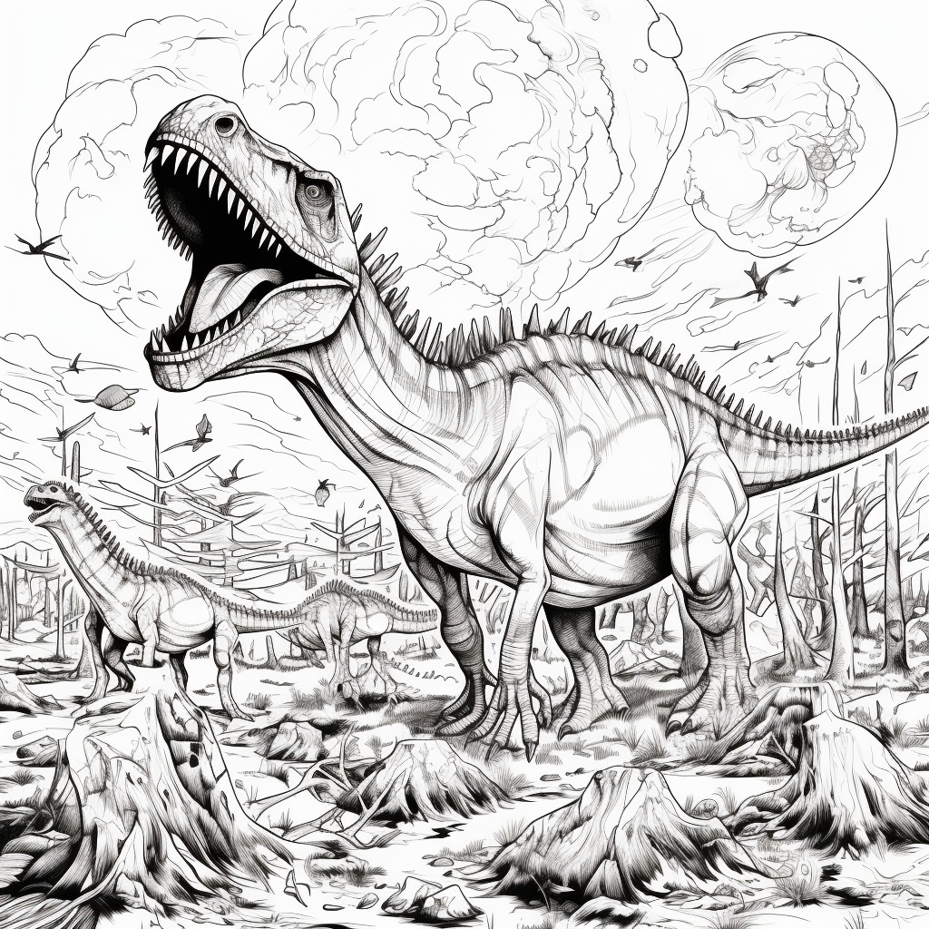 Coloring book page of dinosaur extinction