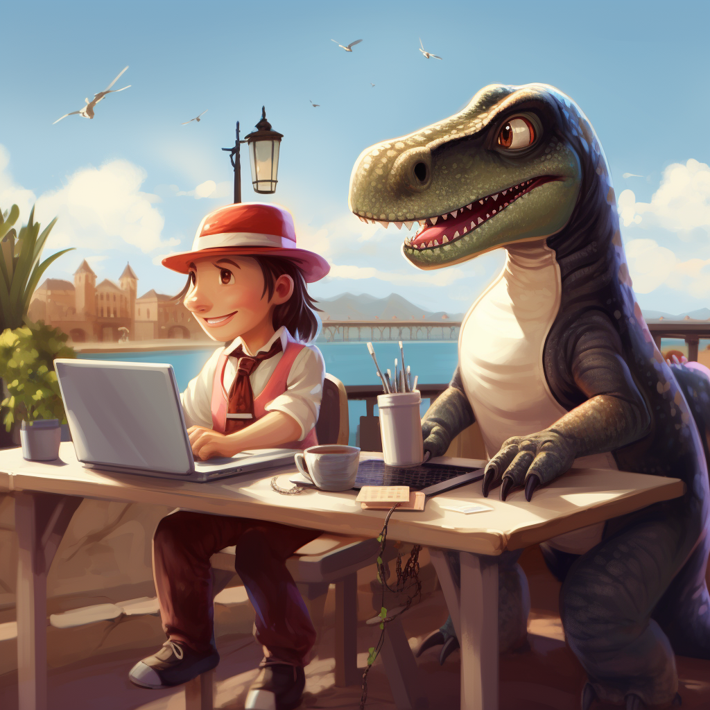 Two dinosaurs in love working on laptops