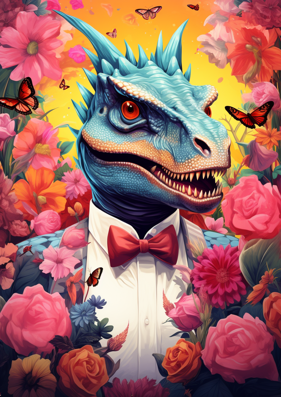 Dinosaur Mask with Fancy Shirt and Colorful Flowers