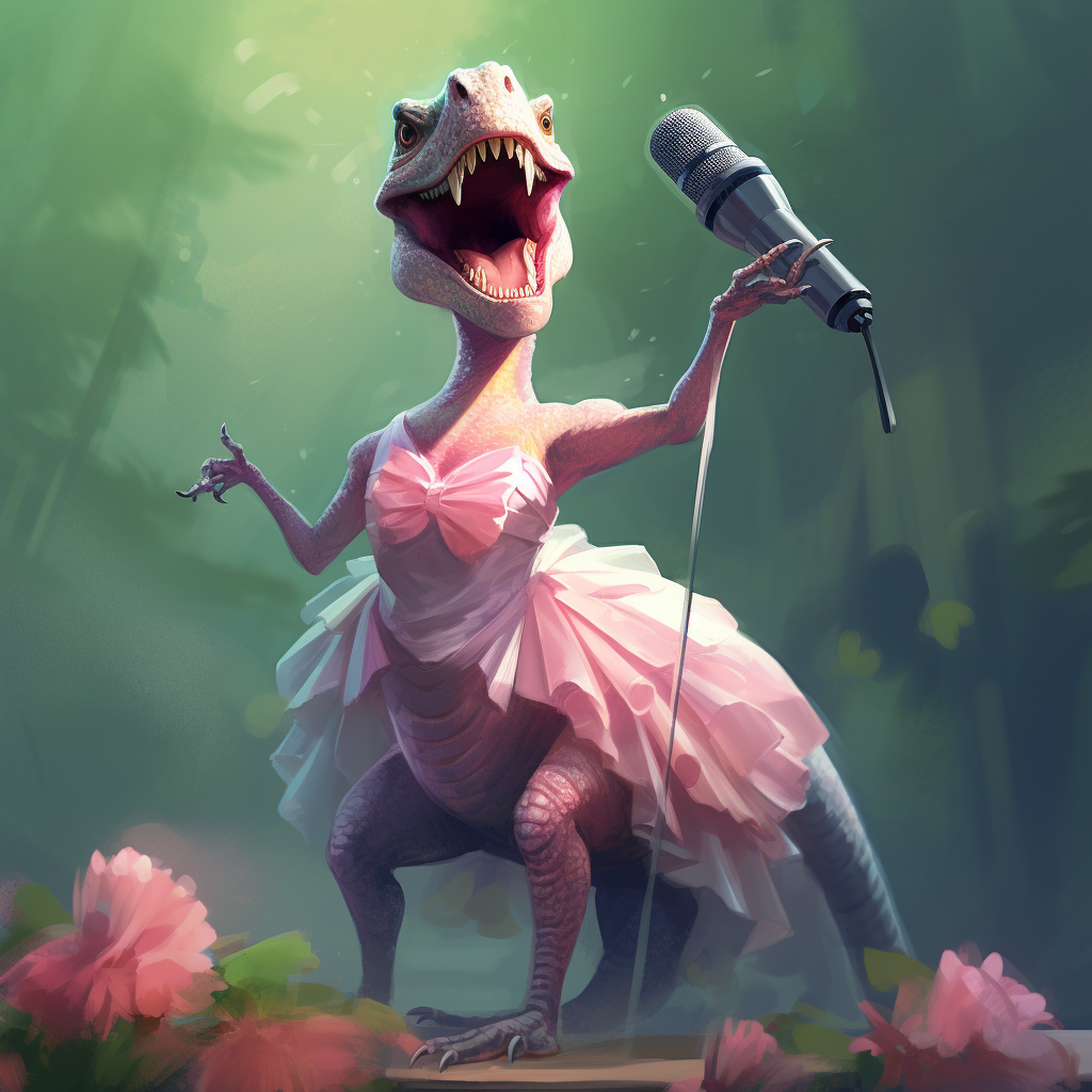 Dinosaur singing in tutu and heels