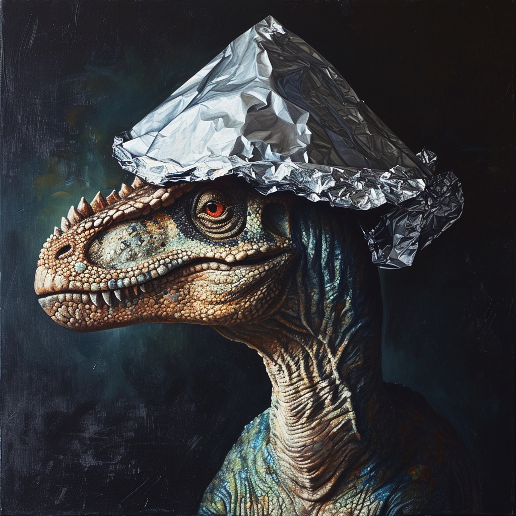 Humorous dinosaur with tin foil hat