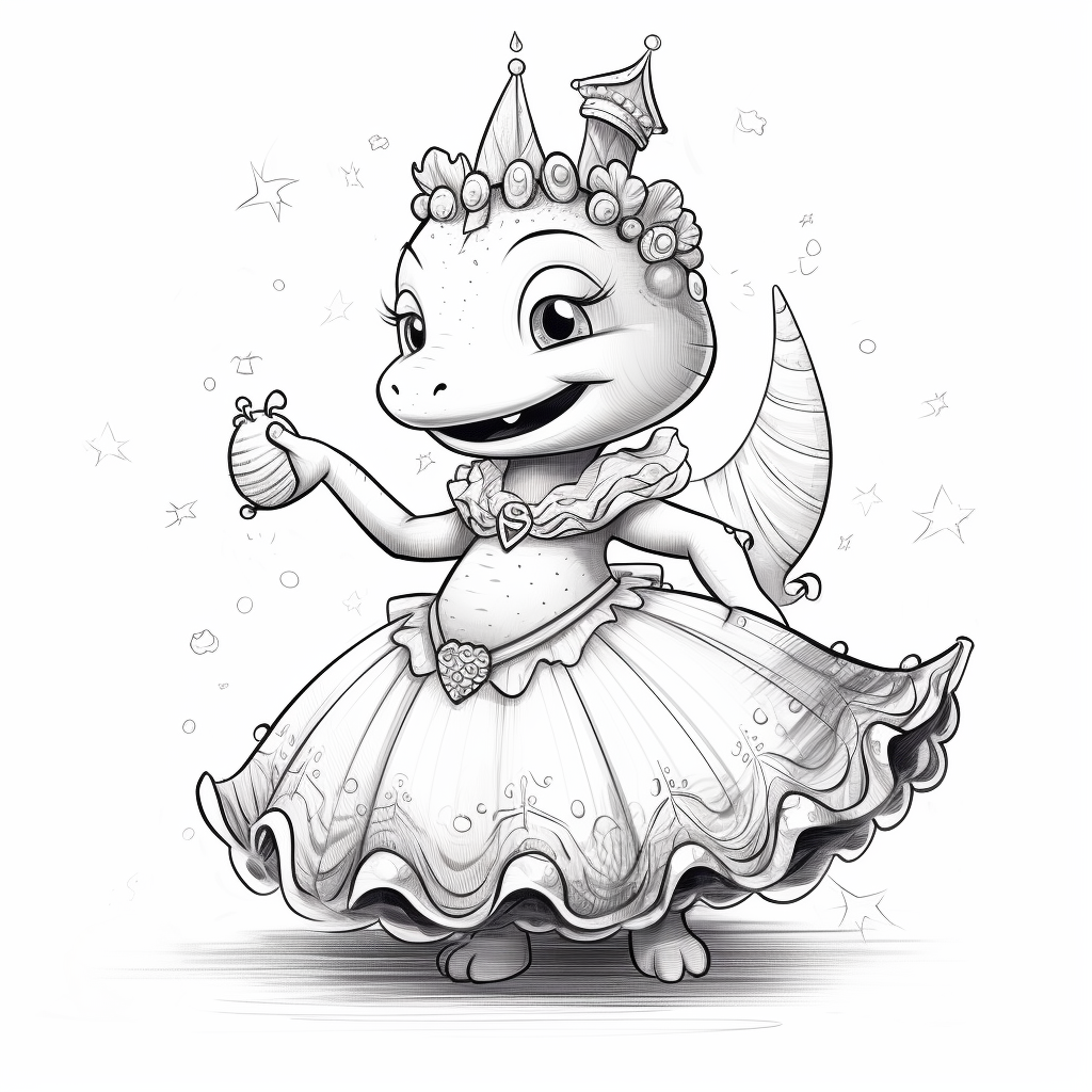 Colorful Cartoon Dinosaur Dancing with Tutu and Crown