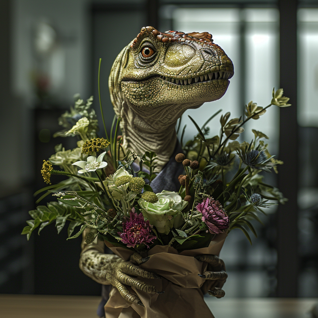 Photorealistic dinosaur-themed gift bouquet and office background