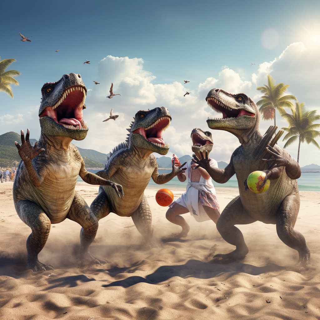 Dinosaurs playing beach cricket game