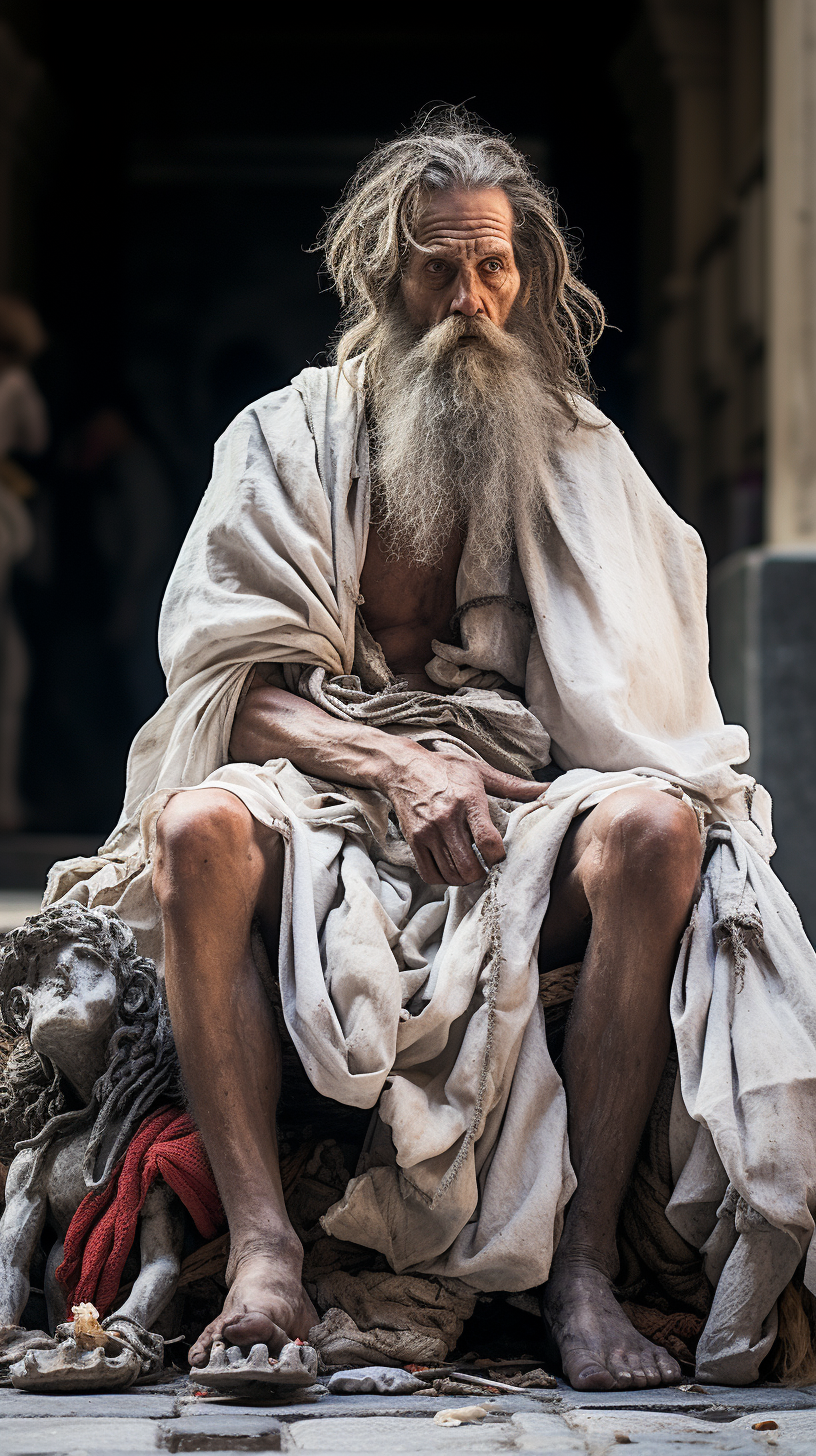 Diogenes sitting on bones peacefully