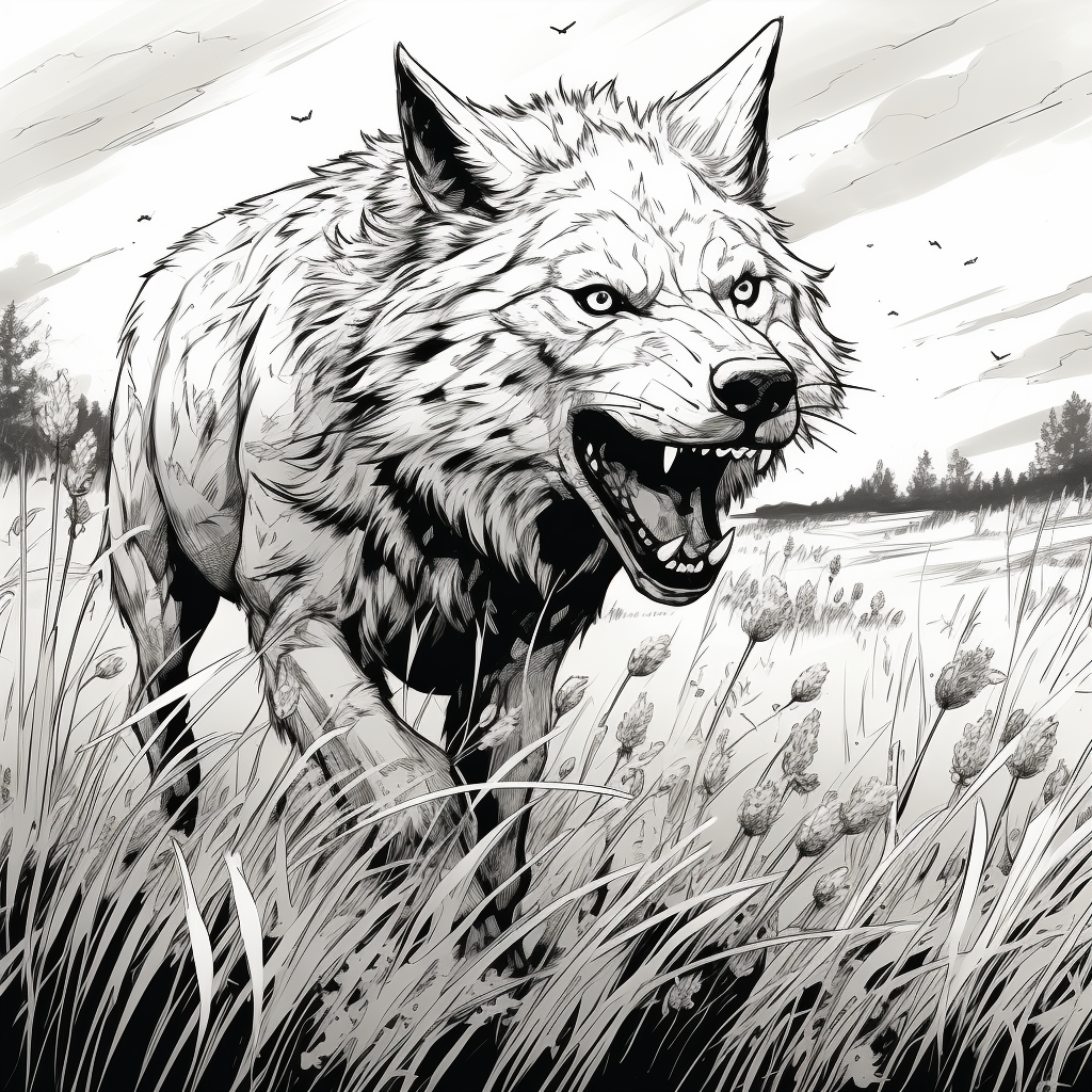 Large dire wolf with saddle in tall grass