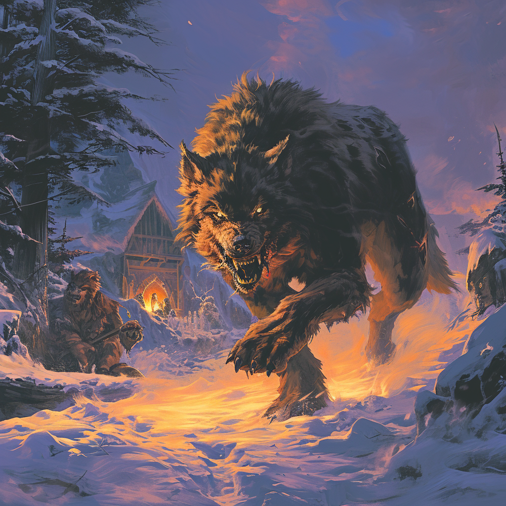 Dire wolf attacking camp in winter