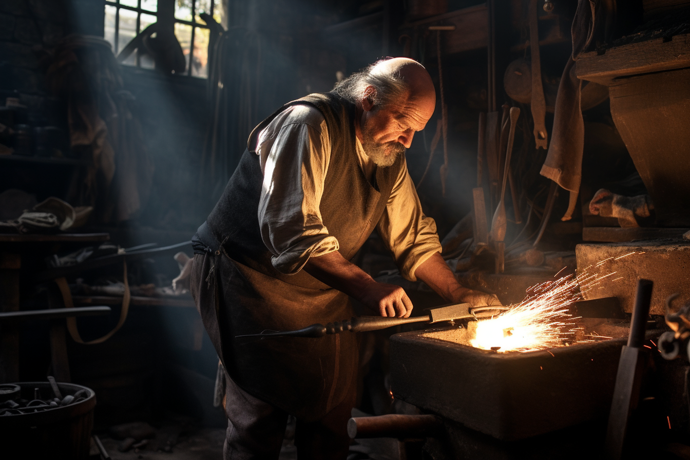 Dirty blacksmith in medieval village crafting