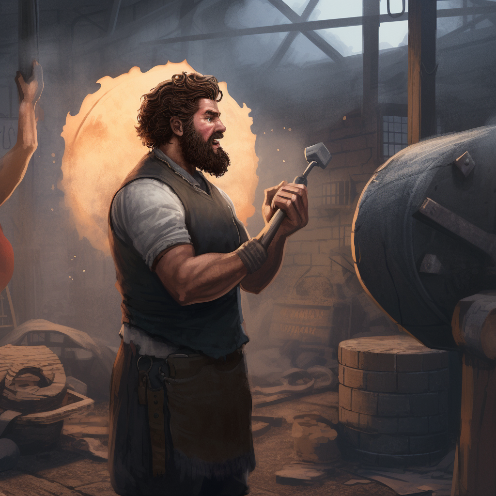 Skilled blacksmith hammering a steel speech bubble