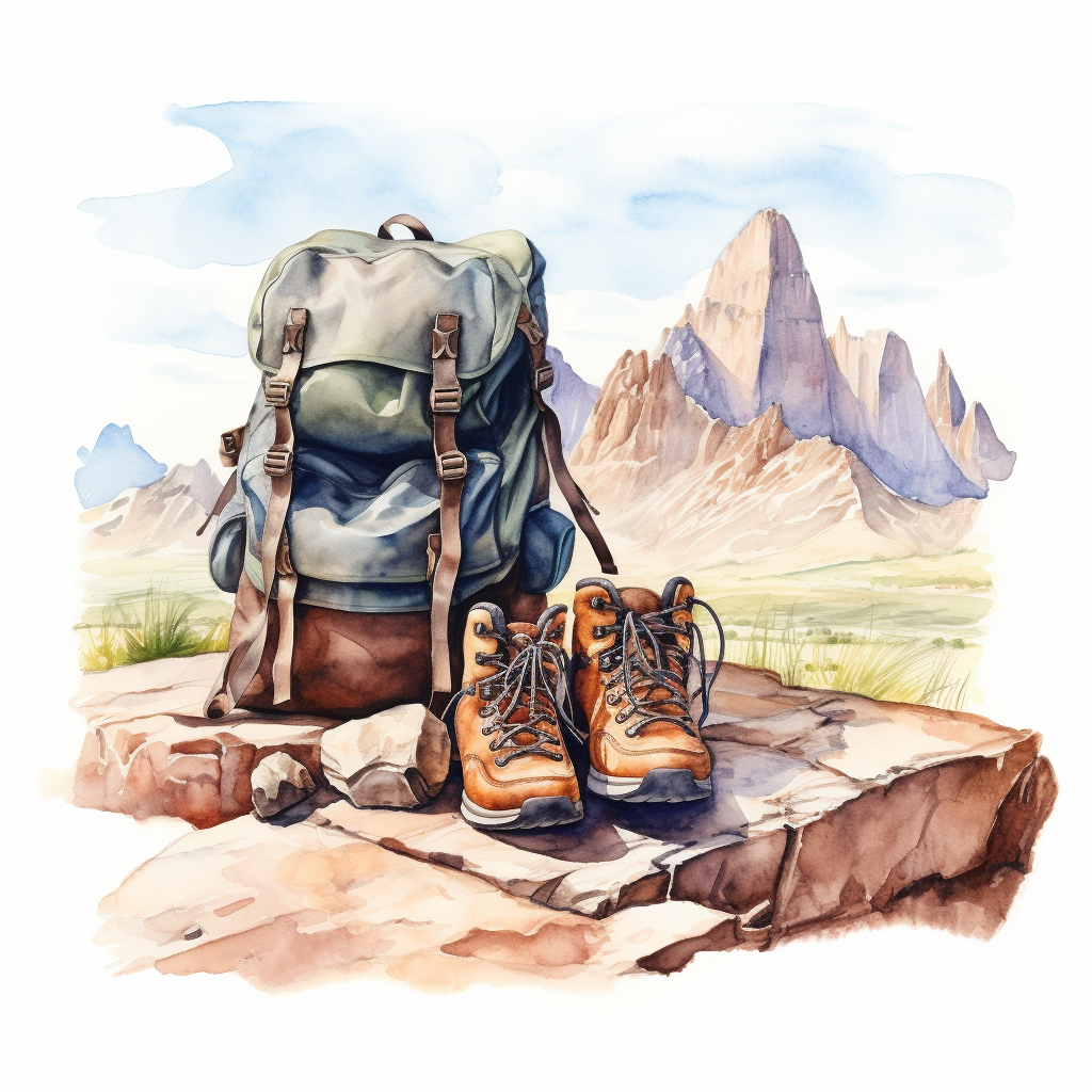 Dirty hiking shoes and haversack in surreal watercolor