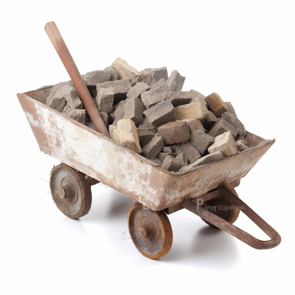 Dirty wheelbarrow filled with reclaimed bricks and rubble