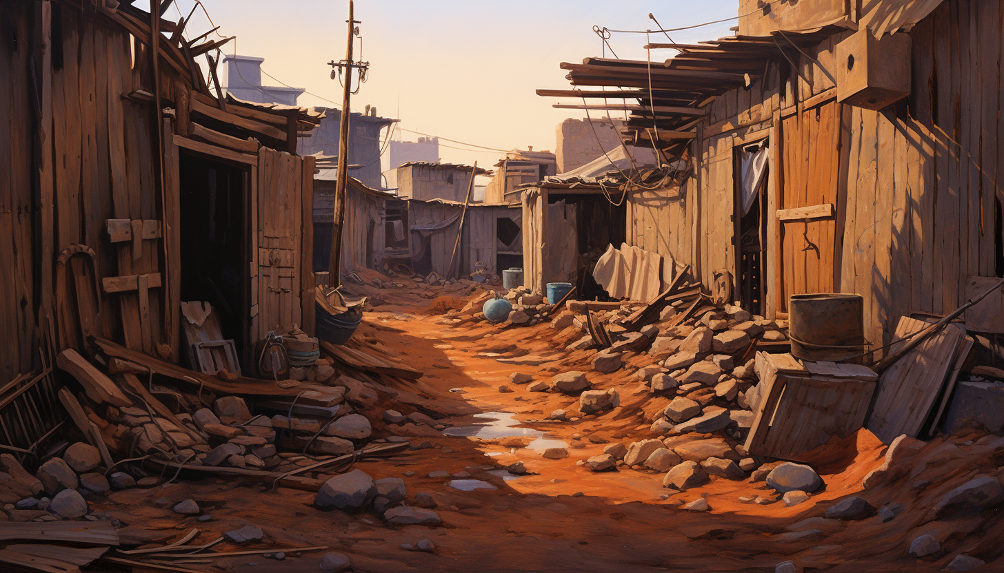 View of narrow street with dirty wooden walls