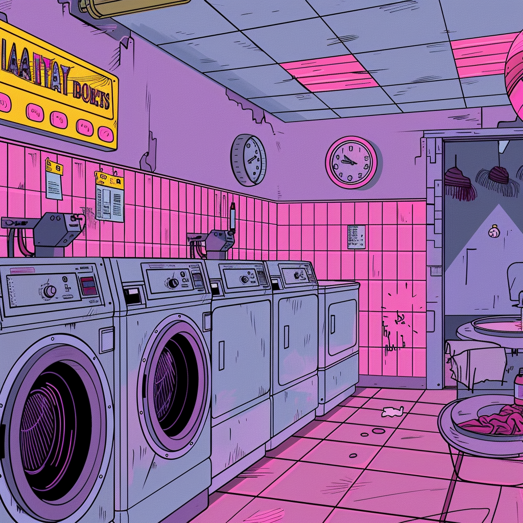 Cartoon laundromat with dirty clothes