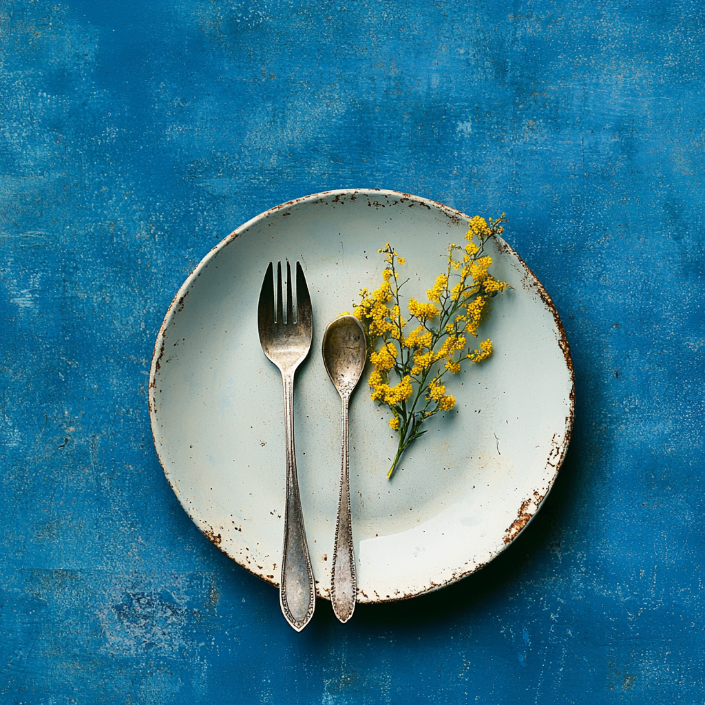 Dirty plate with spoon, fork, mimosa on blue background