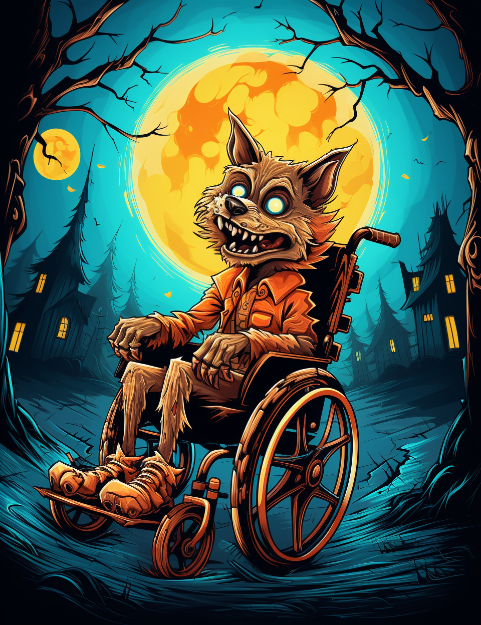 Cute disabled werewolf in Halloween wheelchair