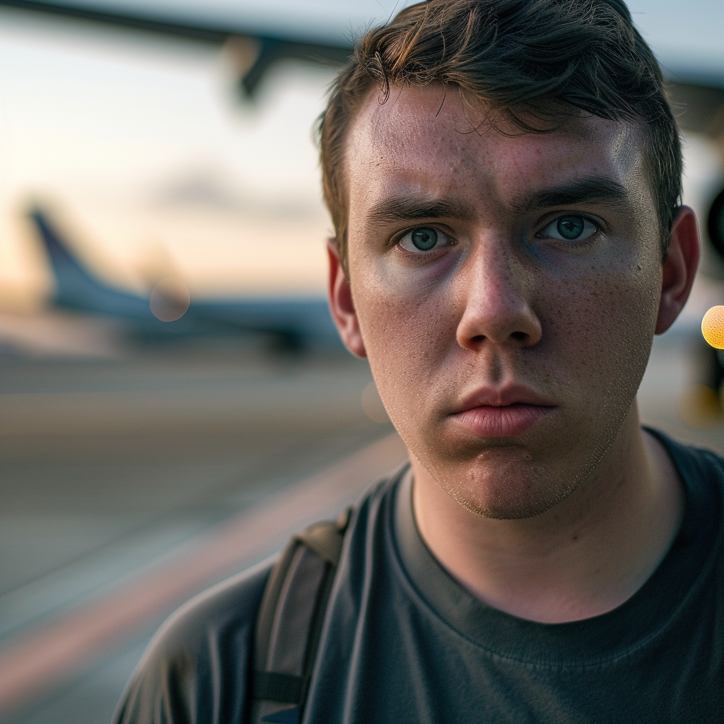 Disappointed man in t-shirt with airliner background