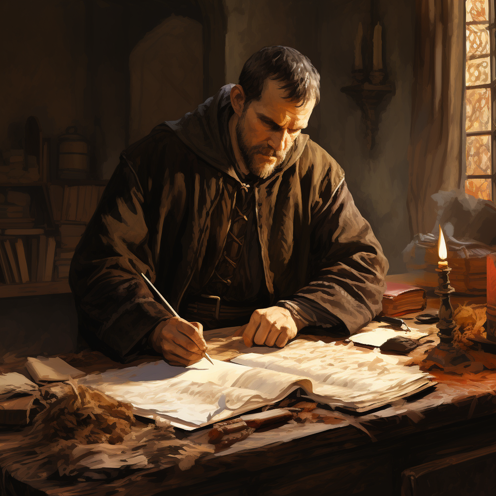 Christian monk disappointed with ink and parchment