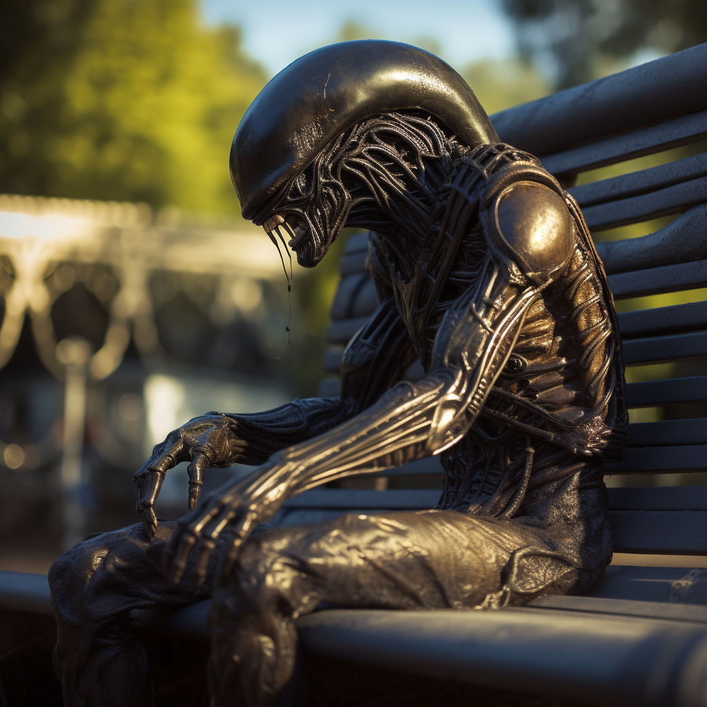 Sad xenomorph sitting on a bench