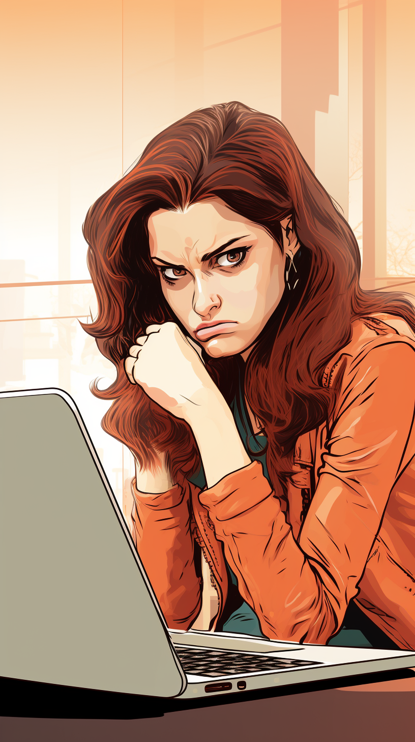 Disappointed woman looking at computer with thumbs down