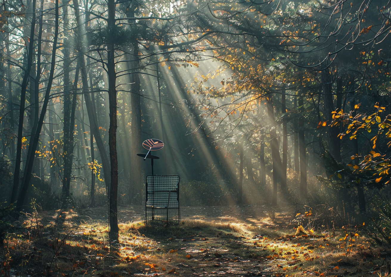 Disc golf basket in morning forest