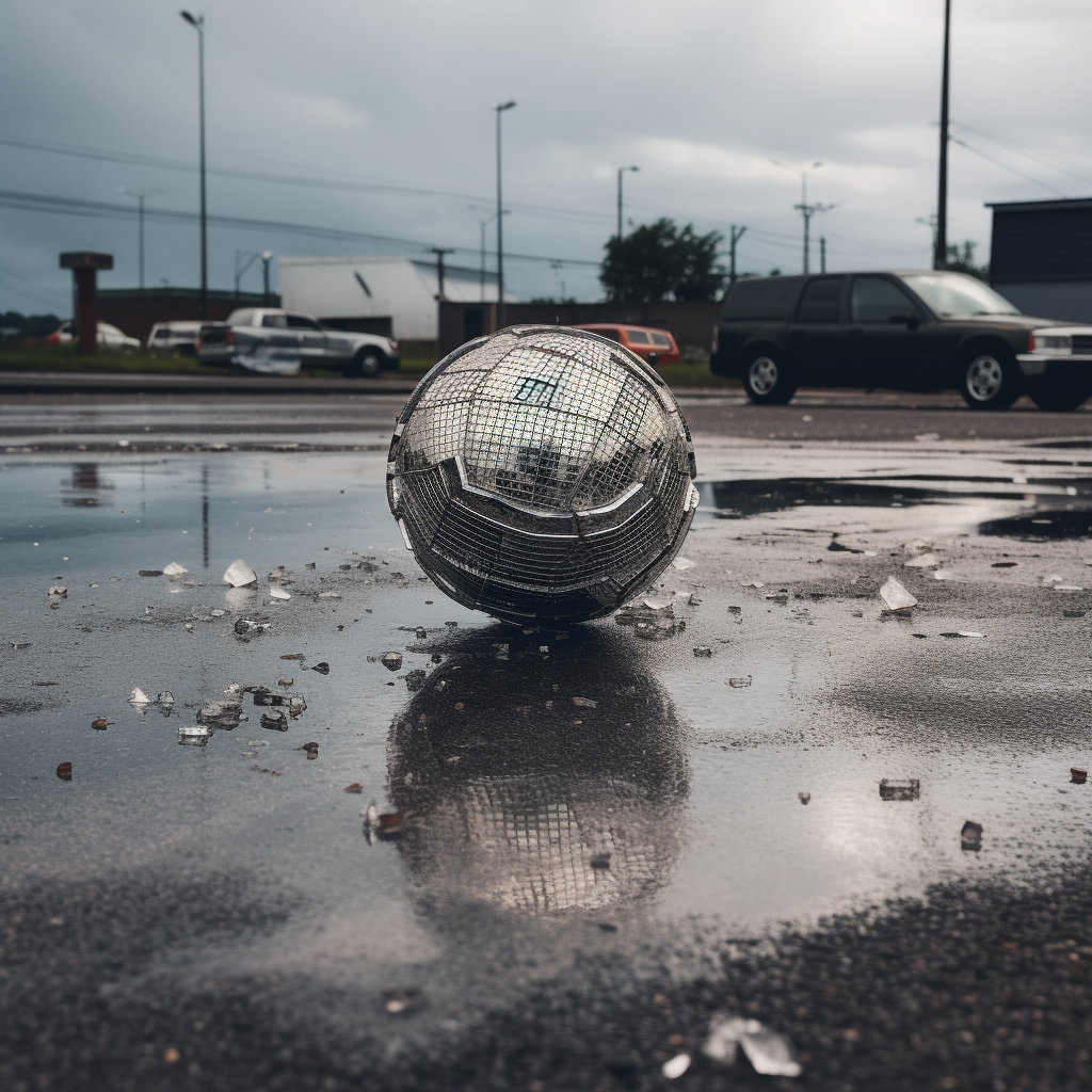 Crashed disco ball in parking lot